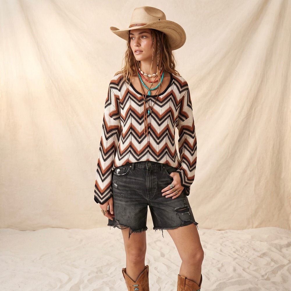 Chevron V-Neck Sweater in Brown & Cream - Picture 4 of 6